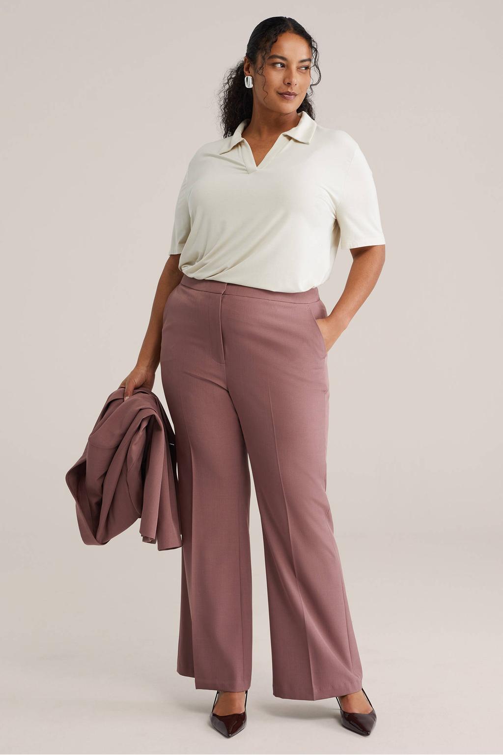 Ecru dames WE Fashion Curve polo- van modal met effen en korte mouwen