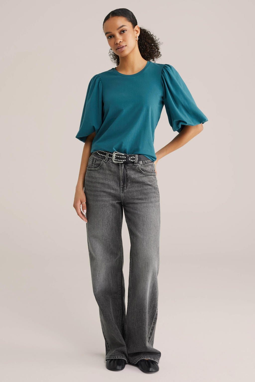 Petrolkleurige dames WE Fashion T-shirt van katoen met effen, korte mouwen, ronde hals en plooien