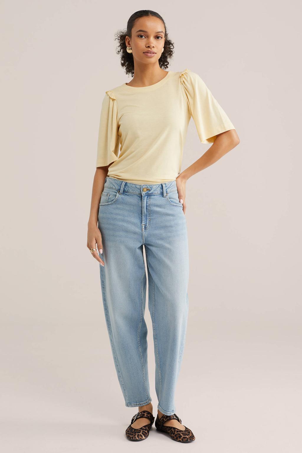 Lichtgele dames WE Fashion top van viscose met effen, driekwart mouwen en ronde hals