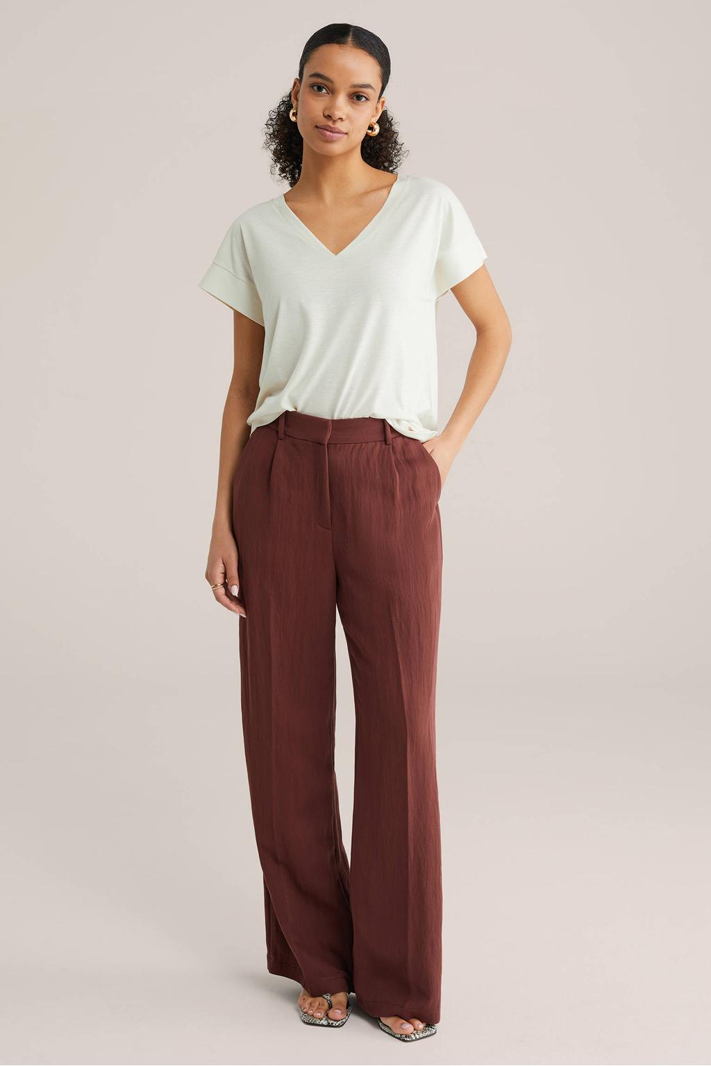 Ecru dames WE Fashion T-shirt van viscose met effen, korte mouwen en ronde hals
