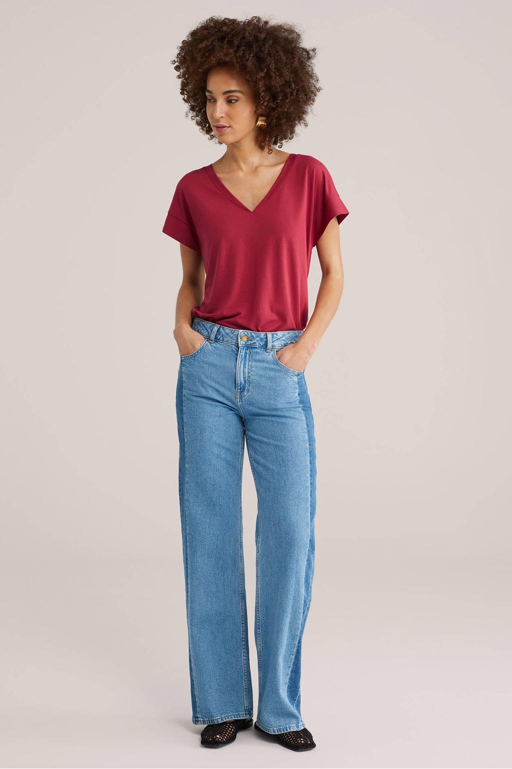 Rode dames WE Fashion T-shirt van viscose met effen, korte mouwen en ronde hals