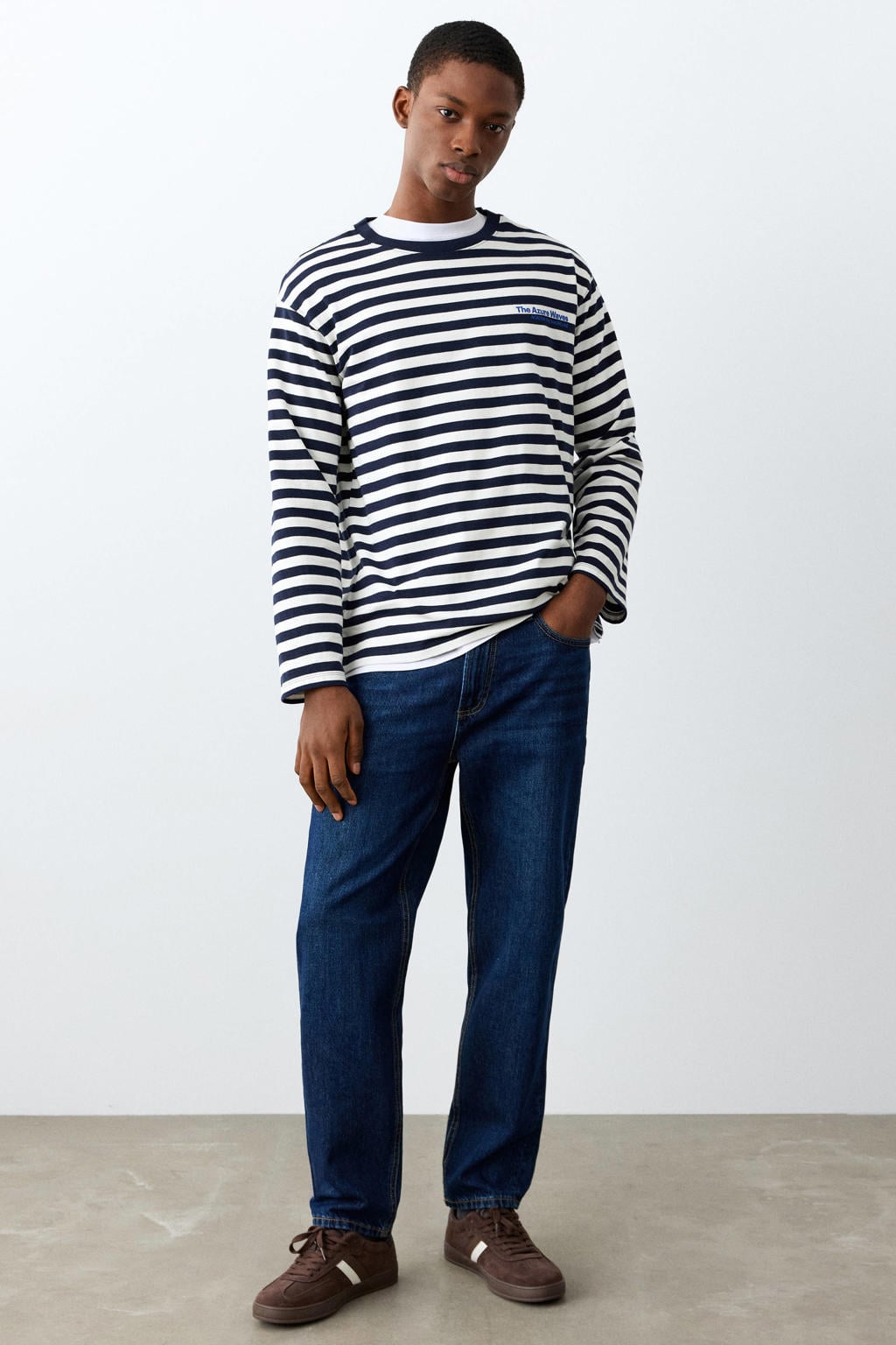 Donkerblauw en witte jongens MANGO TEEN gestreepte T-shirt van katoen met backprint, lange mouwen en ronde hals