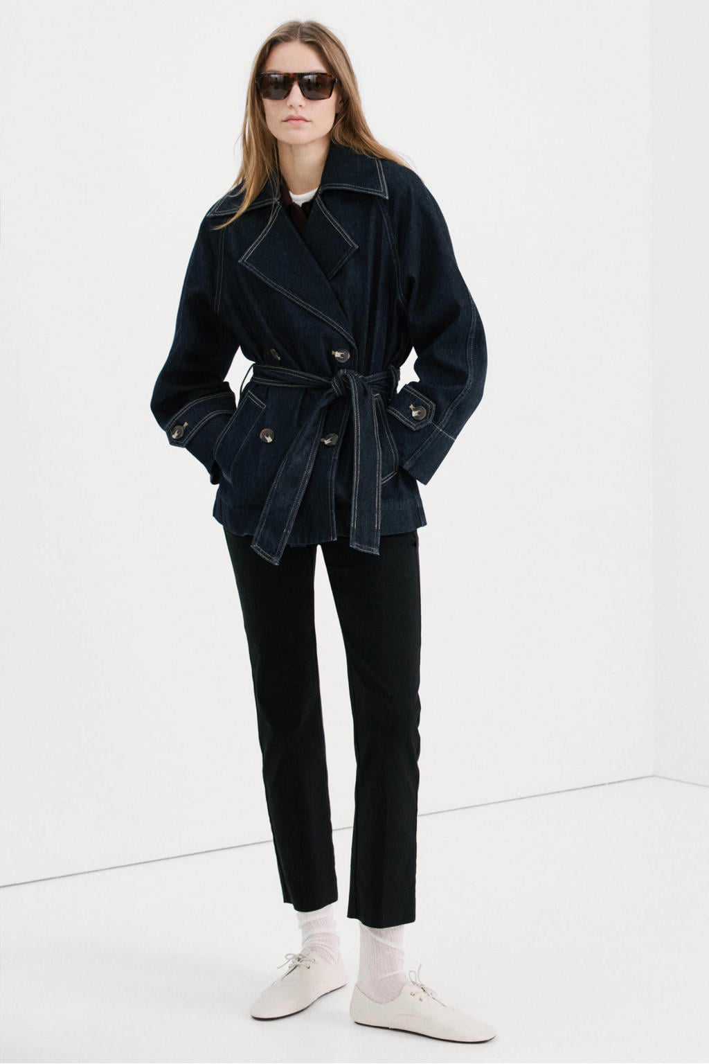Dark blue denim dames Mango spijkerjas dark blue van denim met effen, lange mouwen, reverskraag en ceintuur
