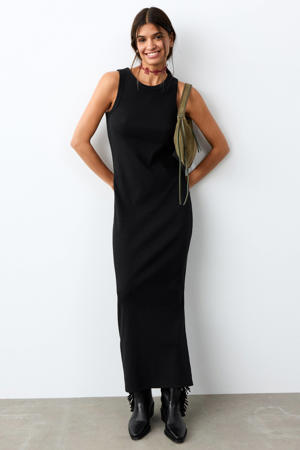 maxi jurk rib gebreid zwart