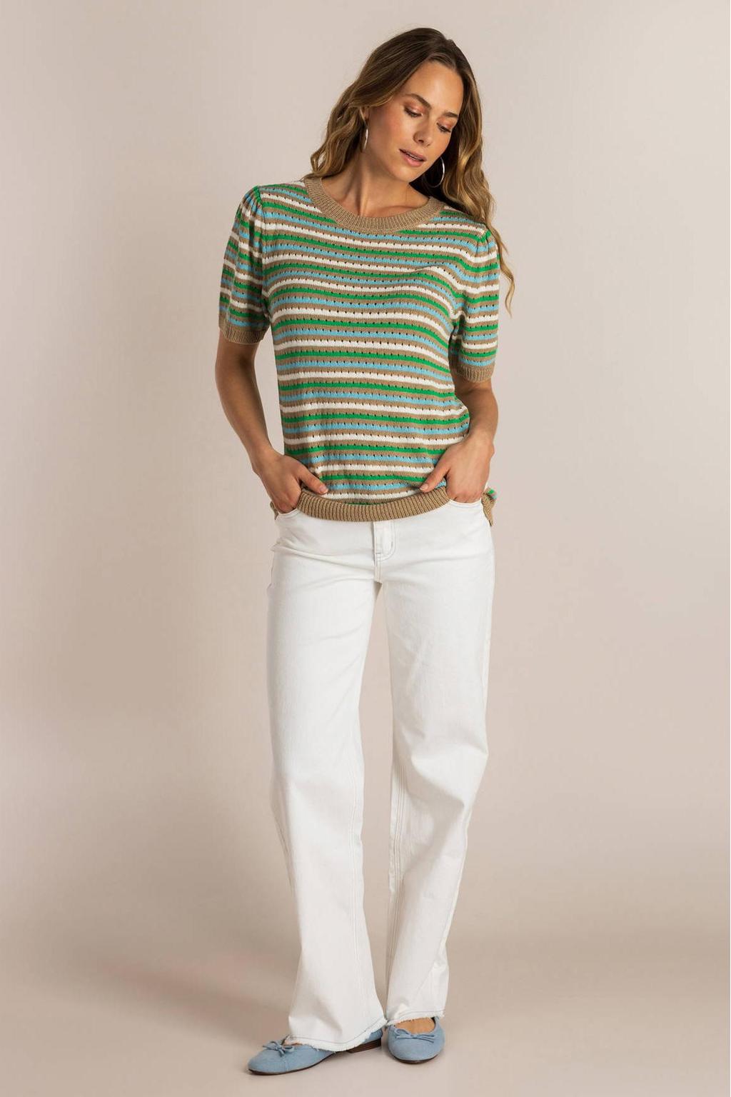 Multikleurige dames Ivy Beau gestreepte top gehaakt van acryl met korte mouwen en ronde hals