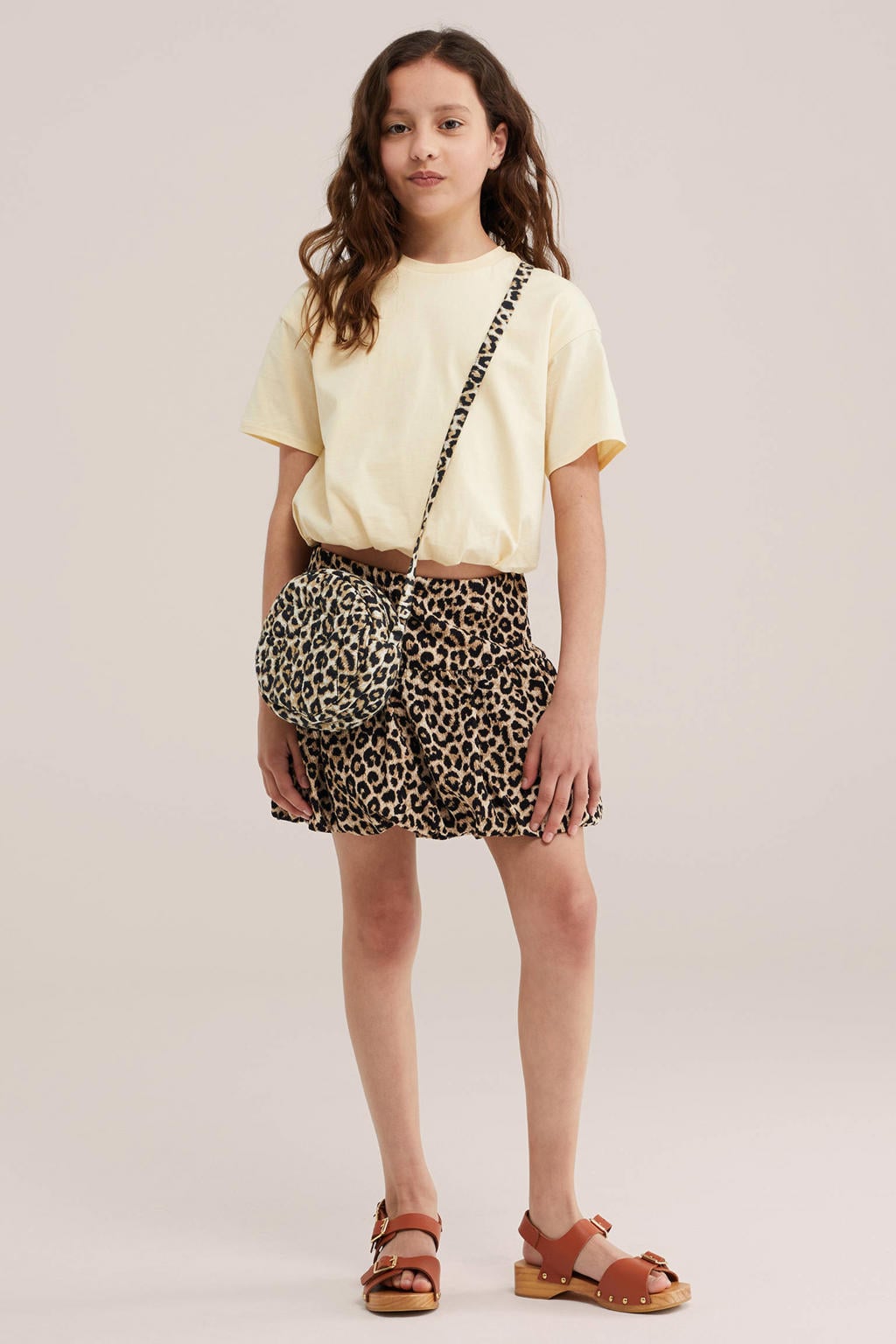 WE Fashion korte ballonrok met plooien en panterprint - bruin