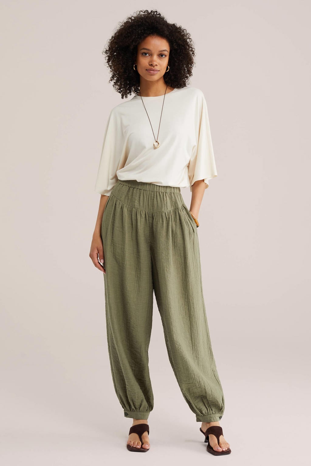 Groene dames WE Fashion barrel high waist broek van viscose met elastische tailleband en effen