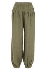 thumbnail: Groene dames WE Fashion barrel high waist broek van viscose met elastische tailleband en effen