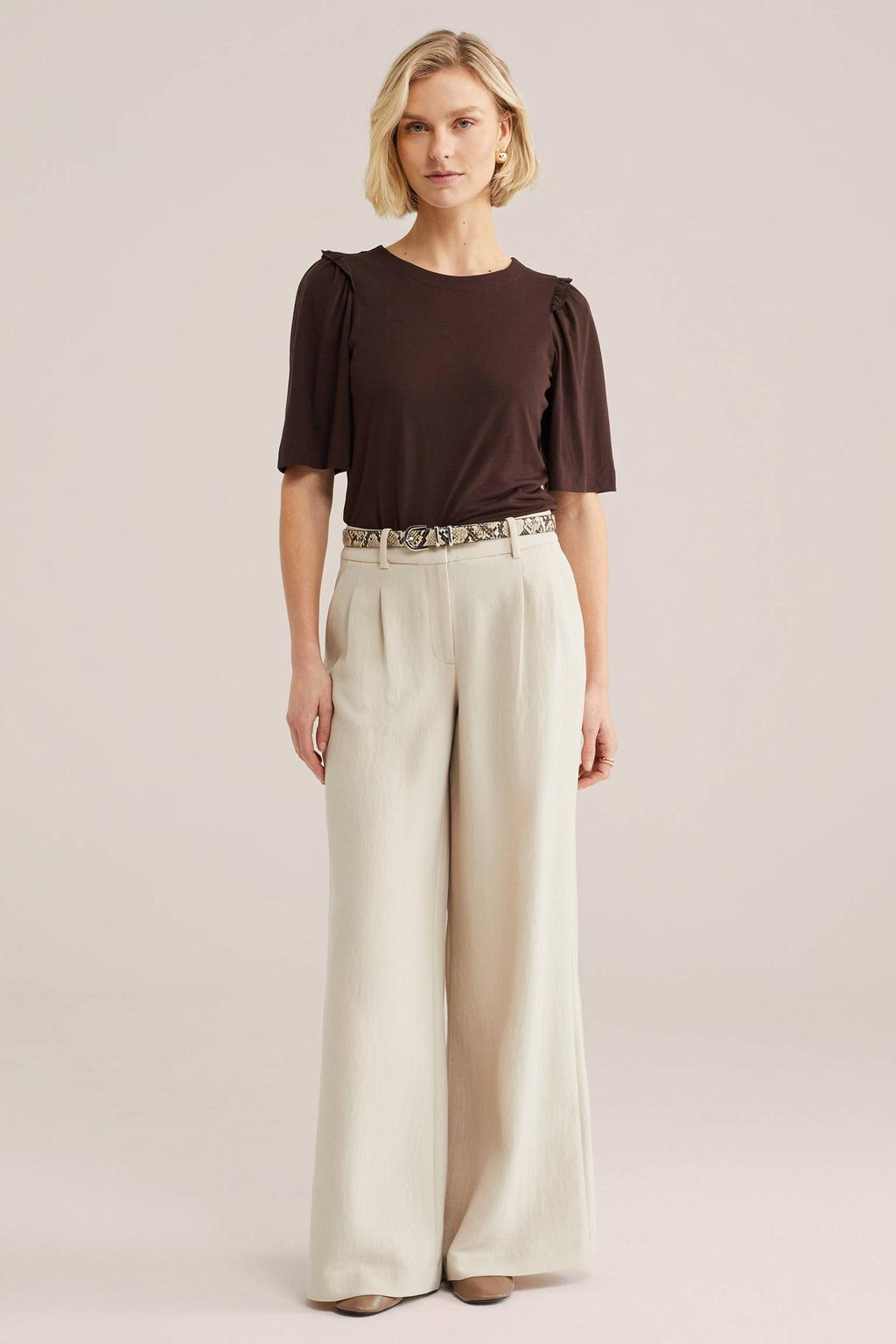 Bruine dames WE Fashion top van viscose met effen, driekwart mouwen en ronde hals