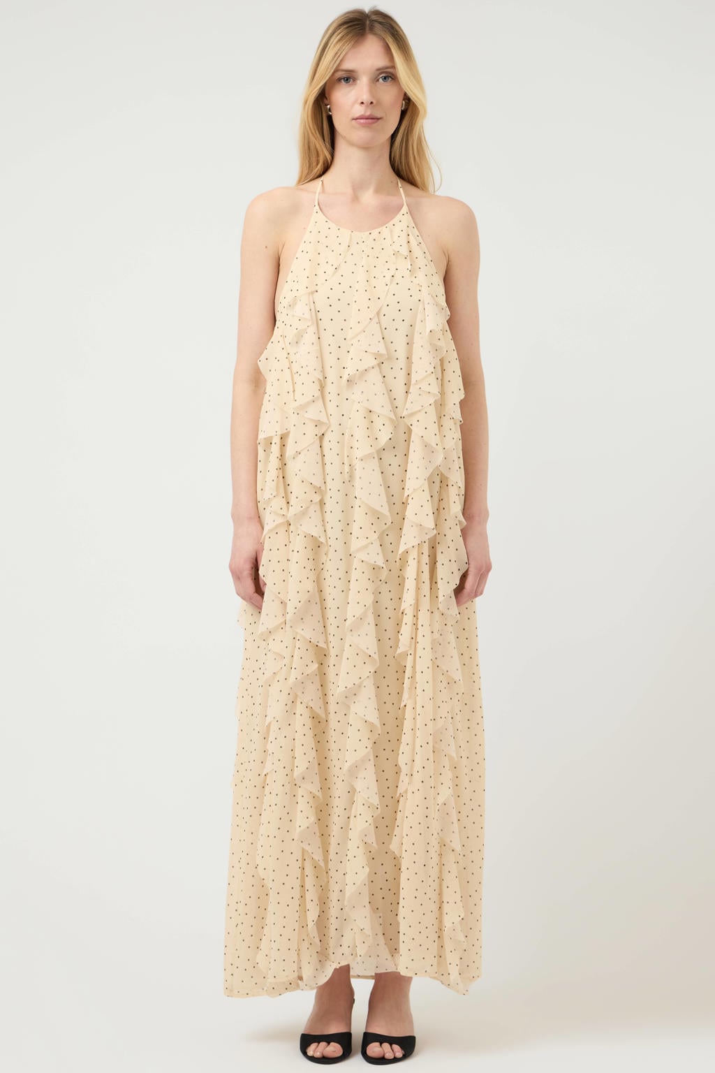 Ecru dames YAS maxi jurk van polyester met stippenprint, halterkraag, blinde ritssluiting en ruches