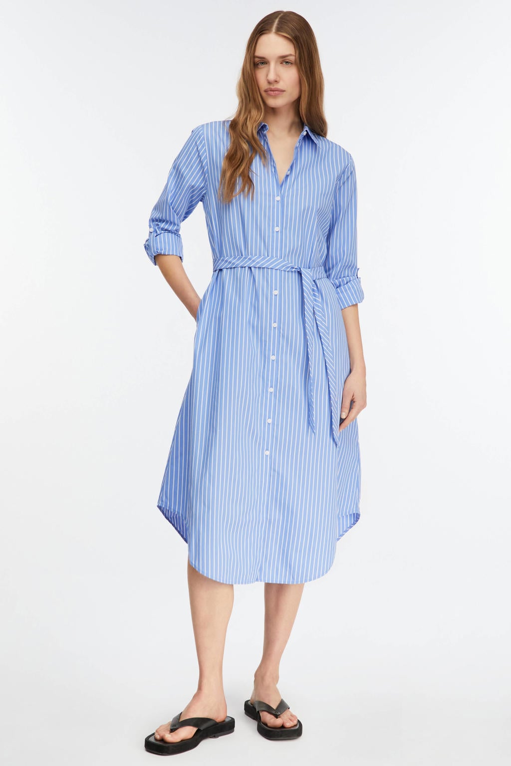 Blauwe dames comma gestreepte blousejurk van katoen met krijtstreepprint, lange mouwen, klassieke kraag, knoopsluiting en ceintuur