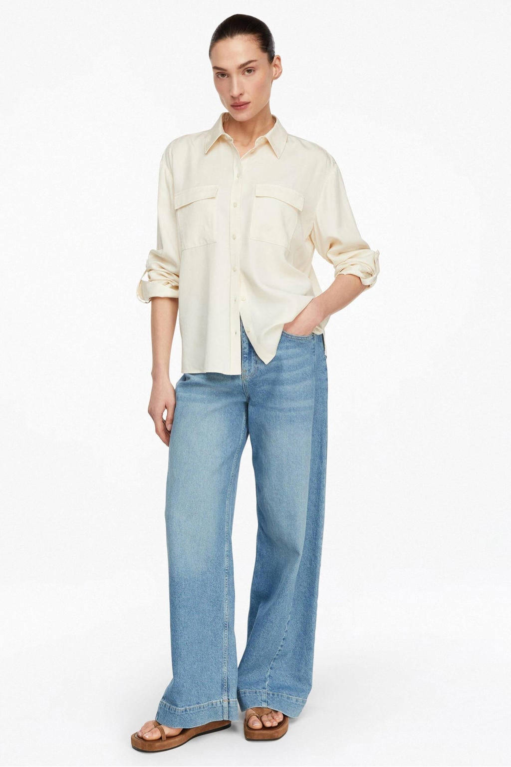 Ecru dames comma blouse van lyocell met effen, lange mouwen, klassieke kraag, knoopsluiting en oprolfunctie