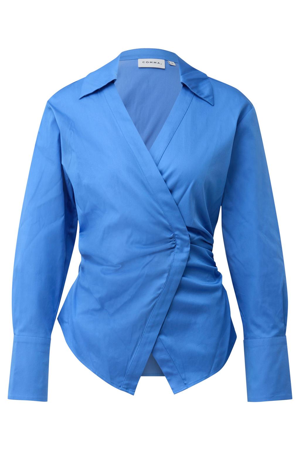Blauwe dames comma blouse van katoen met effen, lange mouwen, klassieke kraag en knoopsluiting