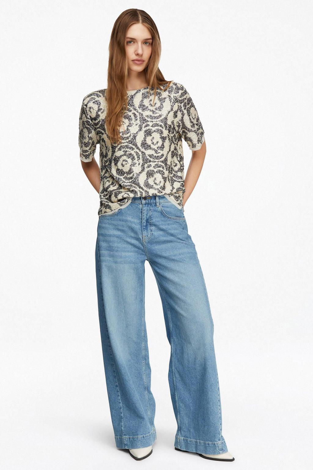Marineblauw, marine en ecru dames comma gebloemde top blauw van polyester met half lange mouwen en ronde hals