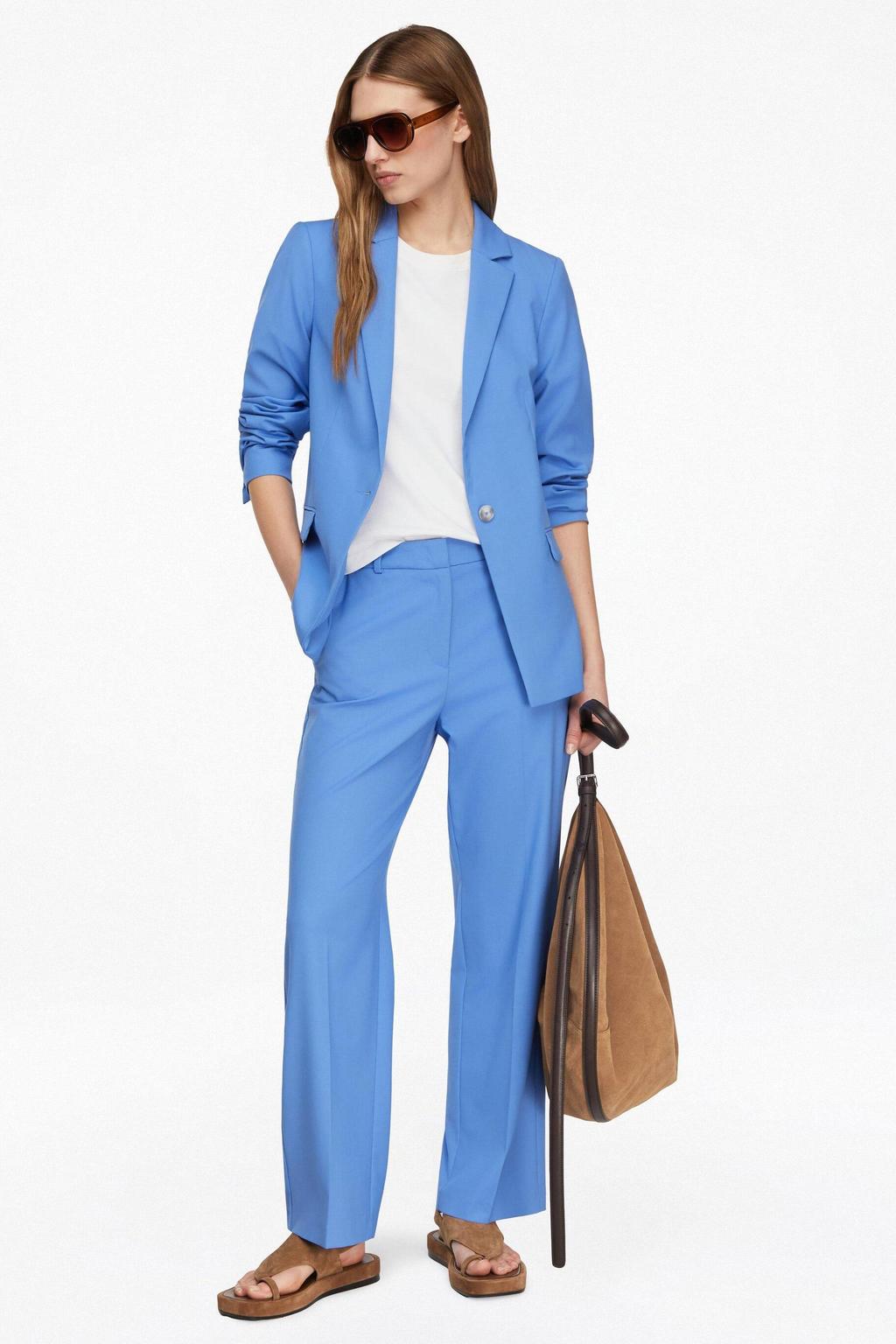 Blauwe dames comma straight regular waist pantalon van viscose met rits- en haaksluiting en effen