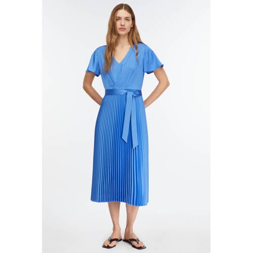 comma satijnen midi jurk met overslag en plissé blauw afbeelding