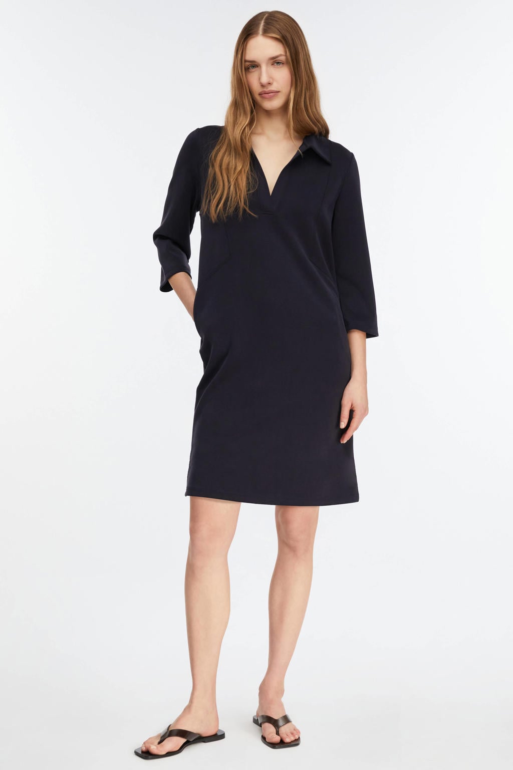 Marineblauw dames comma korte jurk blauw van polyester met effen, driekwart mouwen en polo kraag