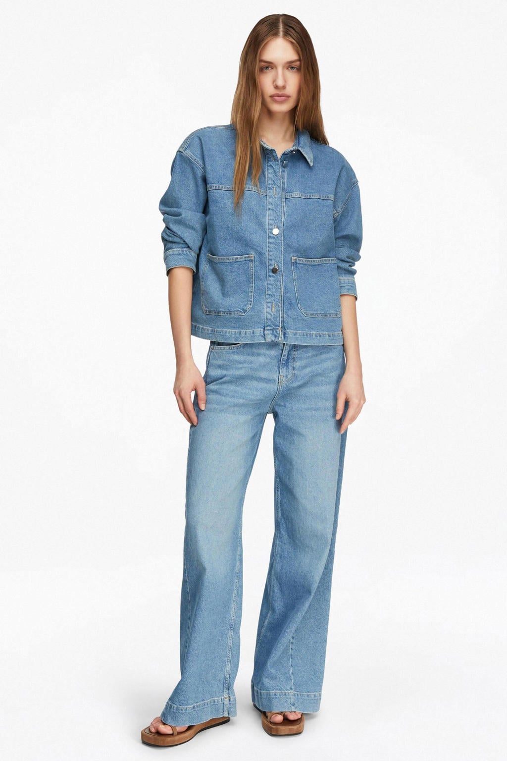Medium blue denim dames comma high waist wide leg jeans van denim met rits- en knoopsluiting en effen