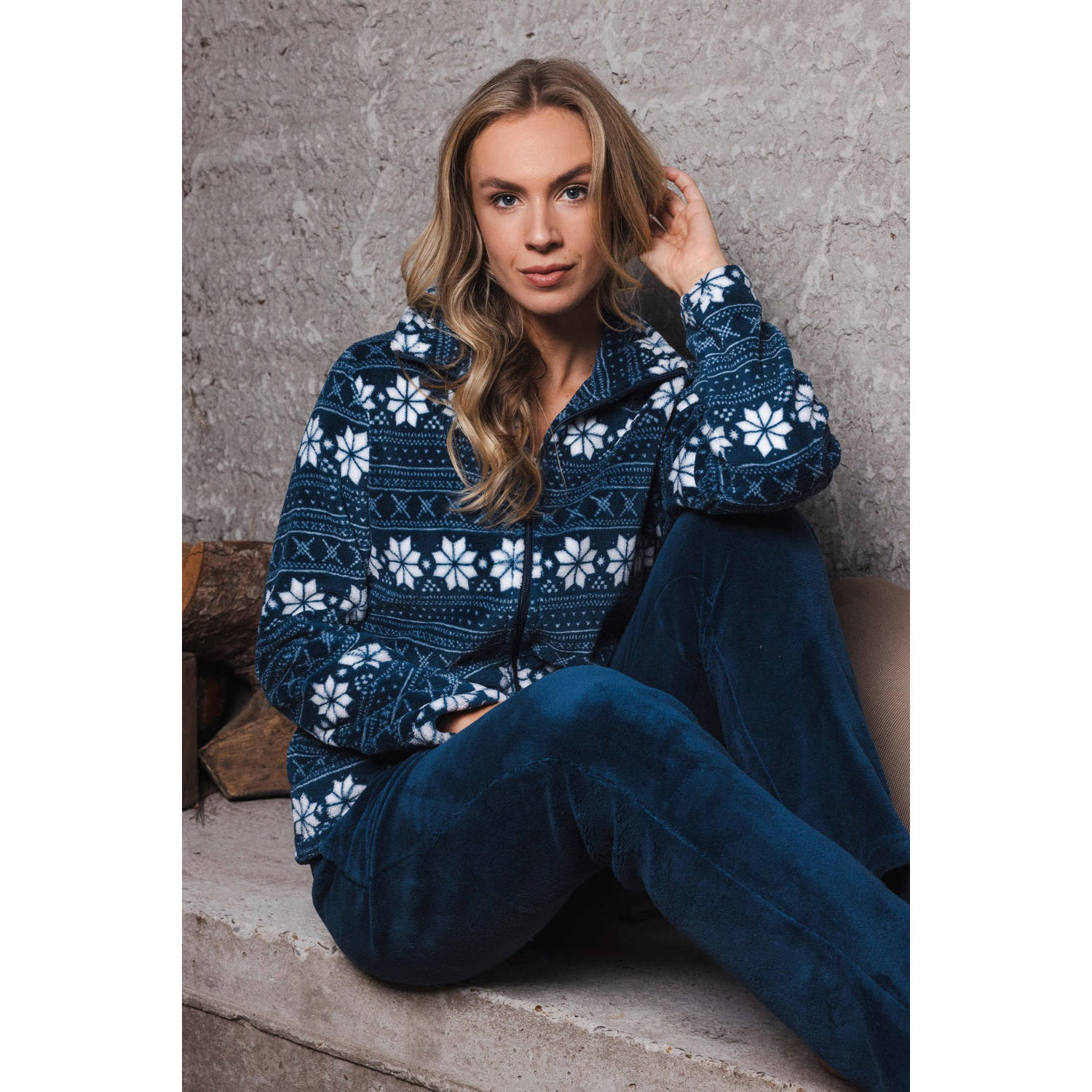 Rebelle fleece huispak donkerblauw wit