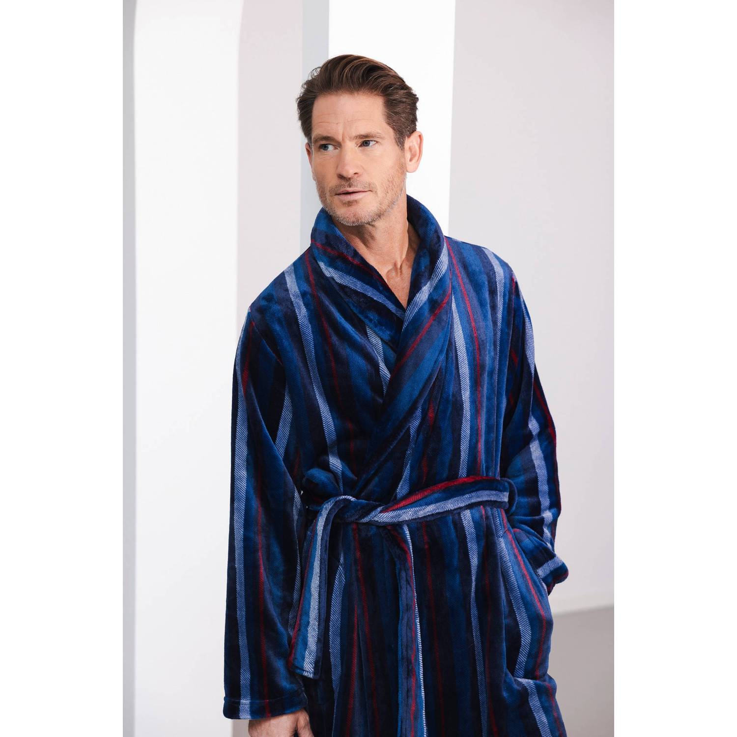 Pastunette for men fleece badjas blauw rood