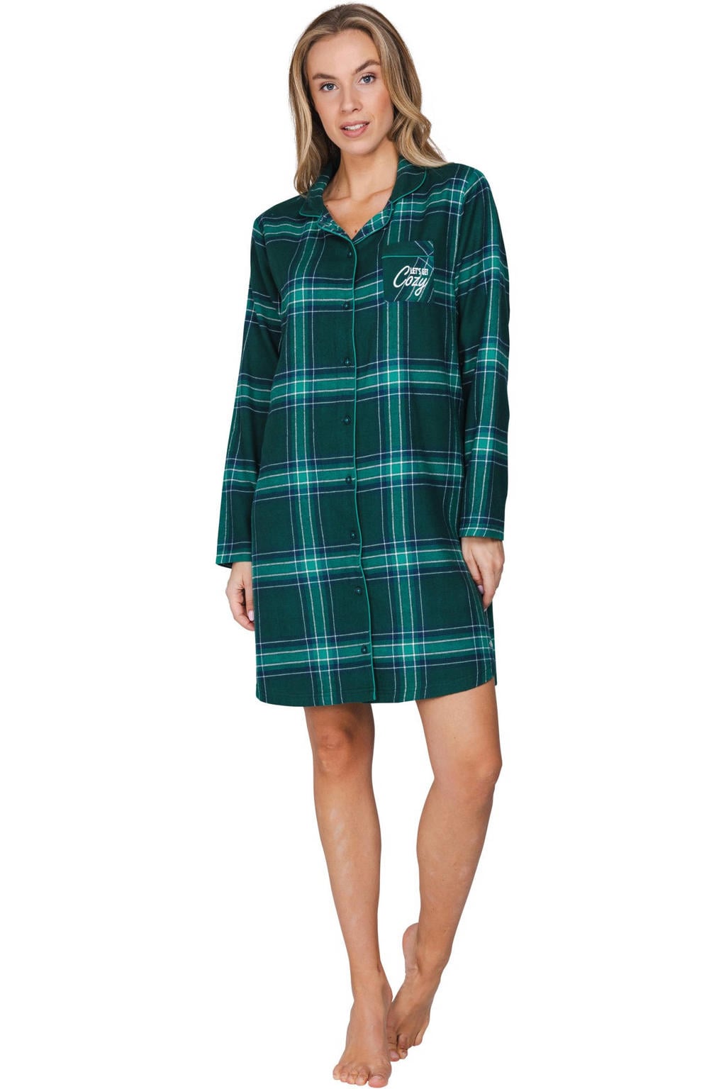 Rebelle flanel nachthemd - donkergroen/lichtgroen/wit