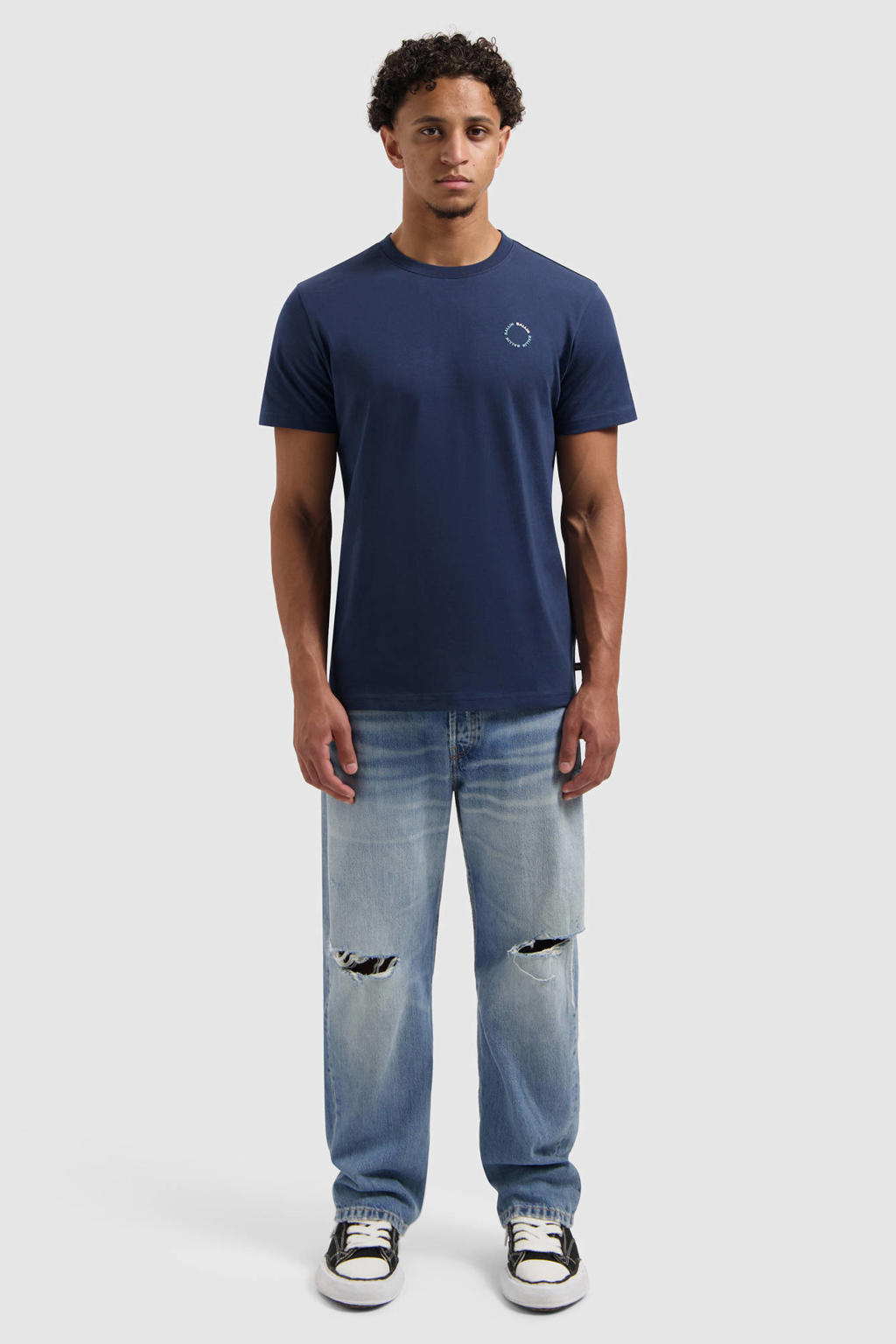 Donkerblauwe heren Ballin regular T-shirt van katoen met effen, korte mouwen en ronde hals