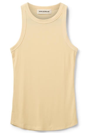 mouwloze top rib gebreid lichtgeel