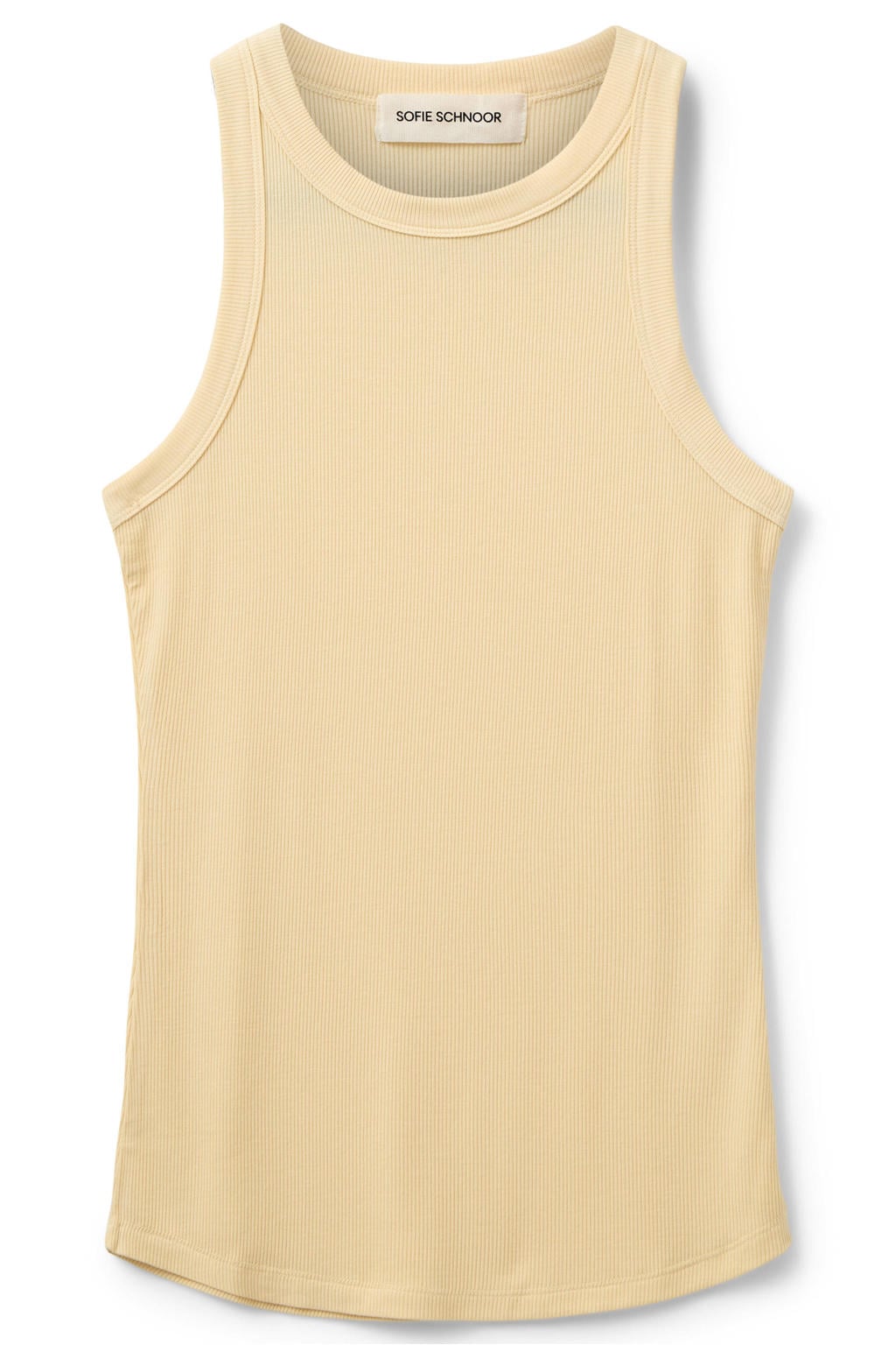Lichtgele dames Sofie Schnoor mouwloze top rib gebreid van viscose met effen en ronde hals