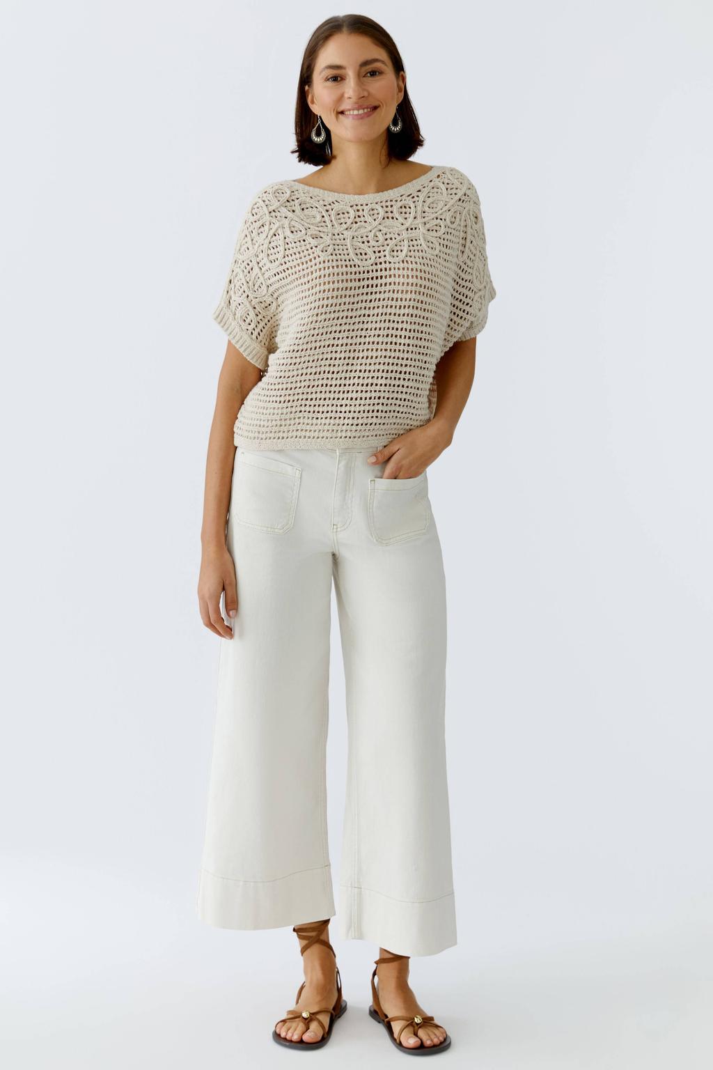 Beige dames OUI top crochet met effen, korte mouwen en boothals
