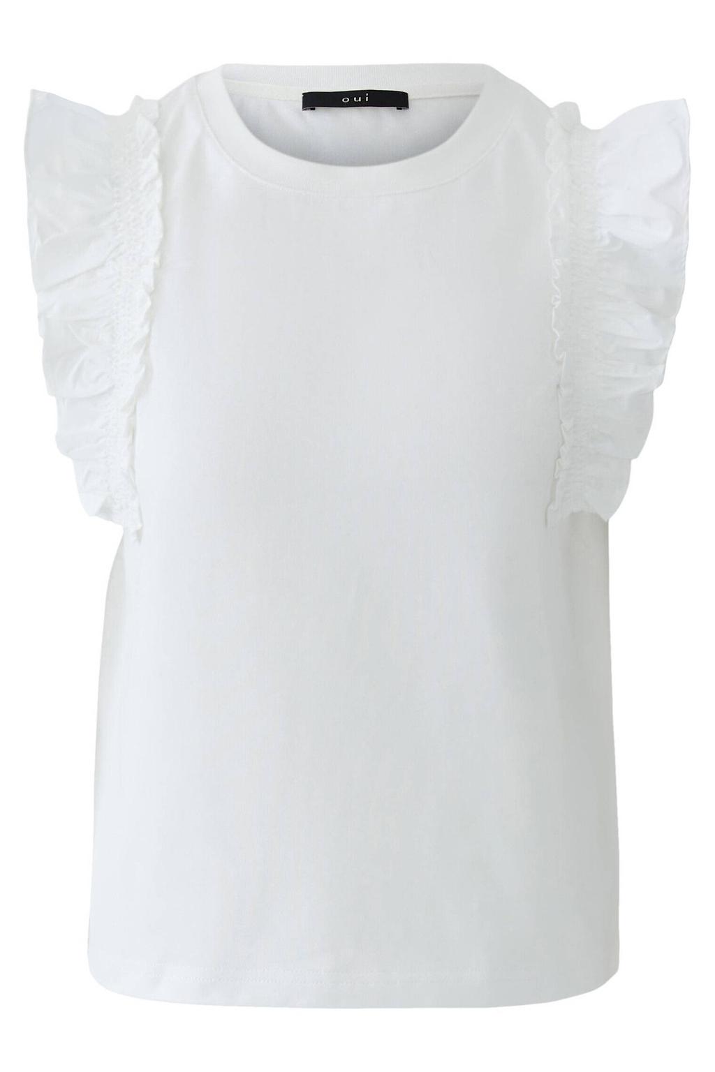 Witte dames OUI top met effen, korte mouwen, ronde hals en ruches