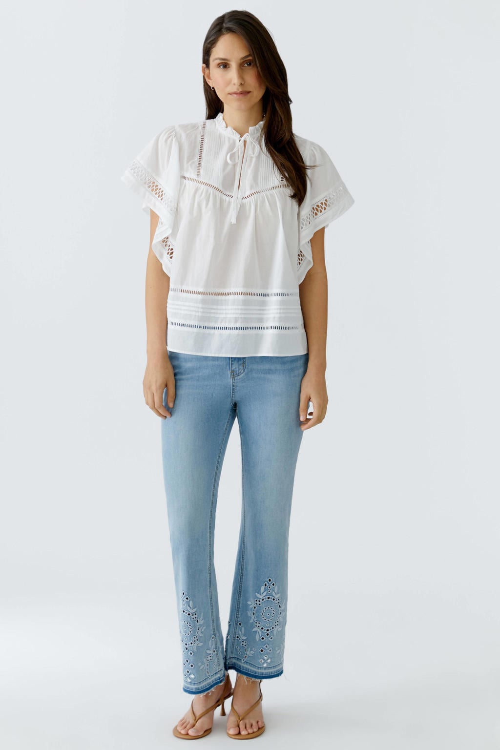 Ecru dames OUI top crochet met effen, korte mouwen en strikkraag