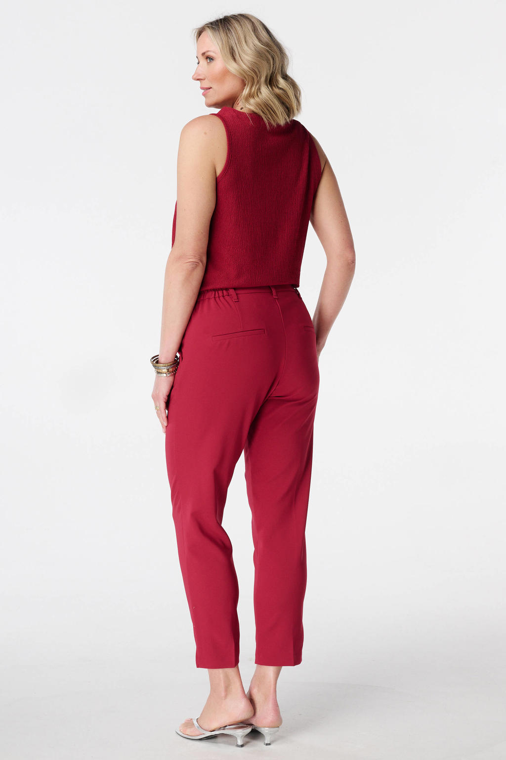 Rode dames MS Mode slim regular waist broek van polyester met effen
