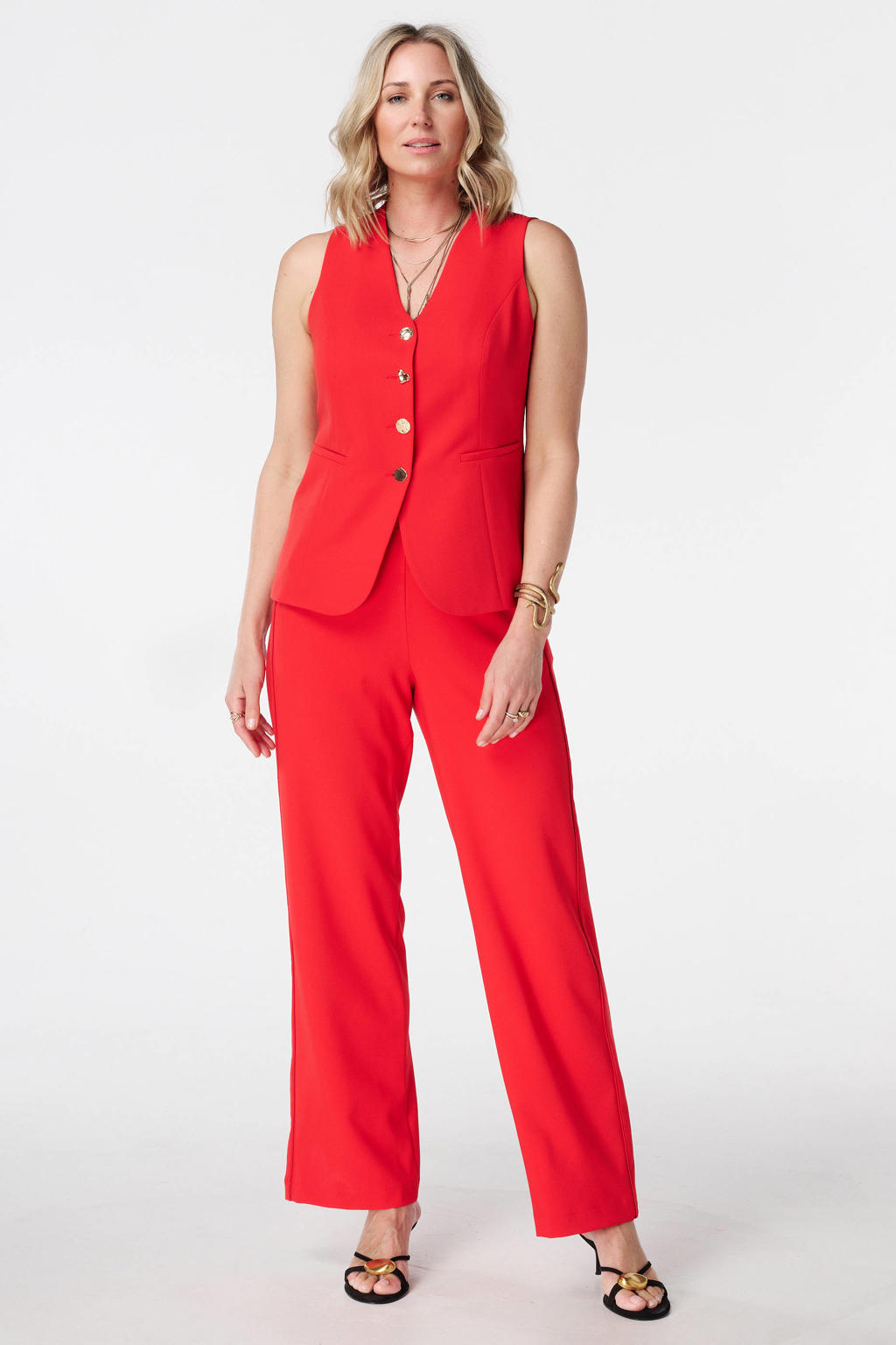 Rode dames MS Mode wide leg regular waist broek met haaksluiting en effen