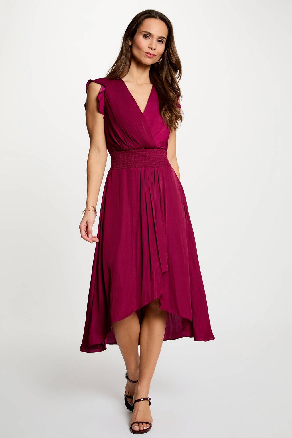 Donkerrode dames Morgan midi jurk van polyester met effen en V-hals