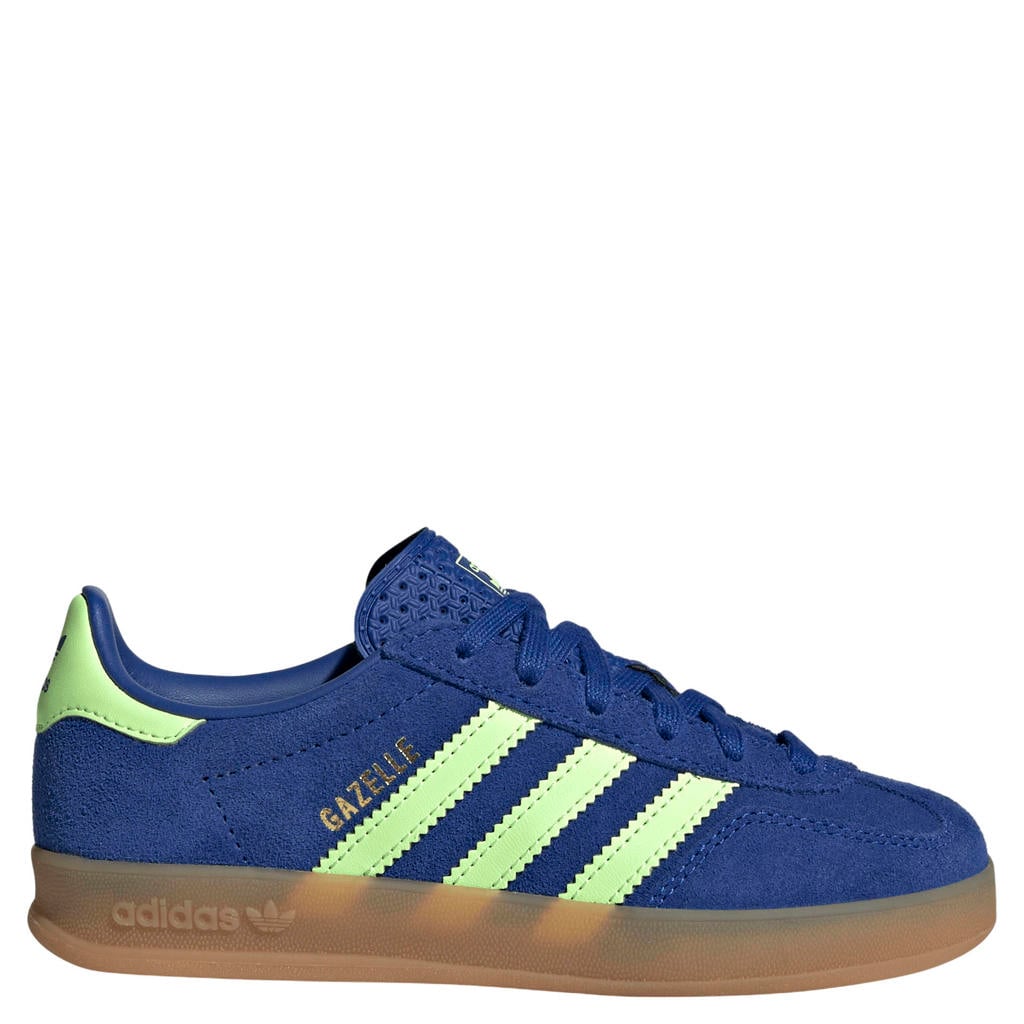 Blauw en groene jongens en meisjes adidas Originals Gazelle Indoor sneakers van leren bovenwerk met veters