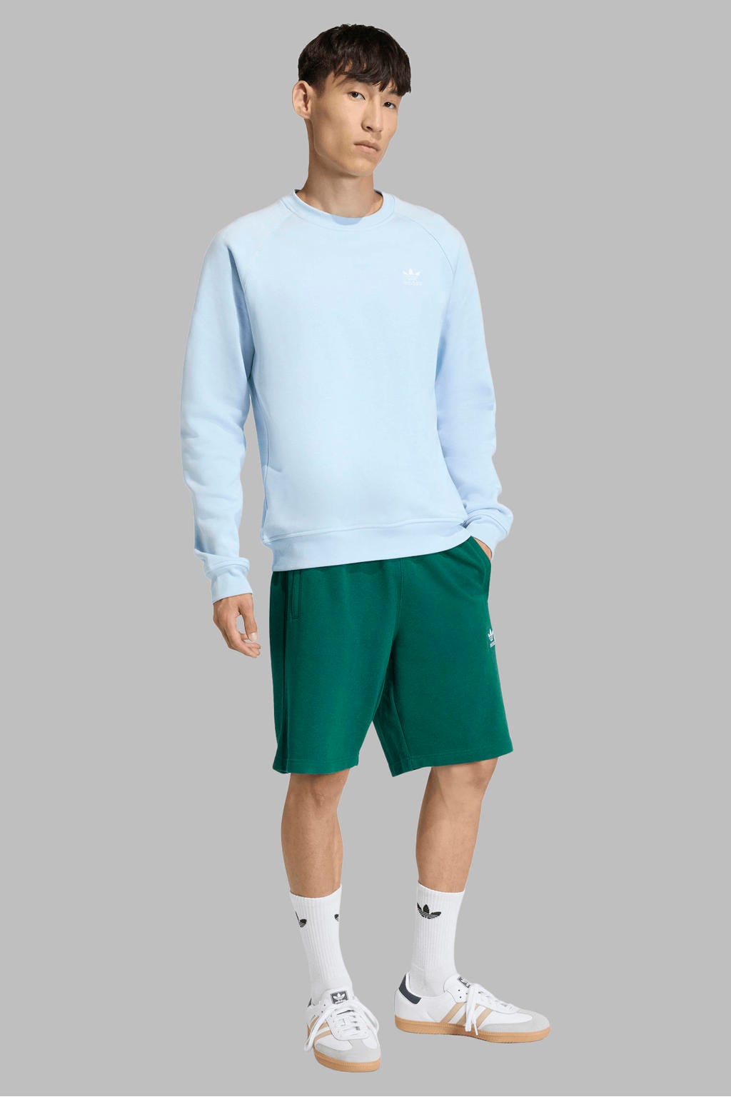 Groene heren adidas Originals Trefoil Essentials regular sweatshort van katoen met elastische tailleband met koord en effen