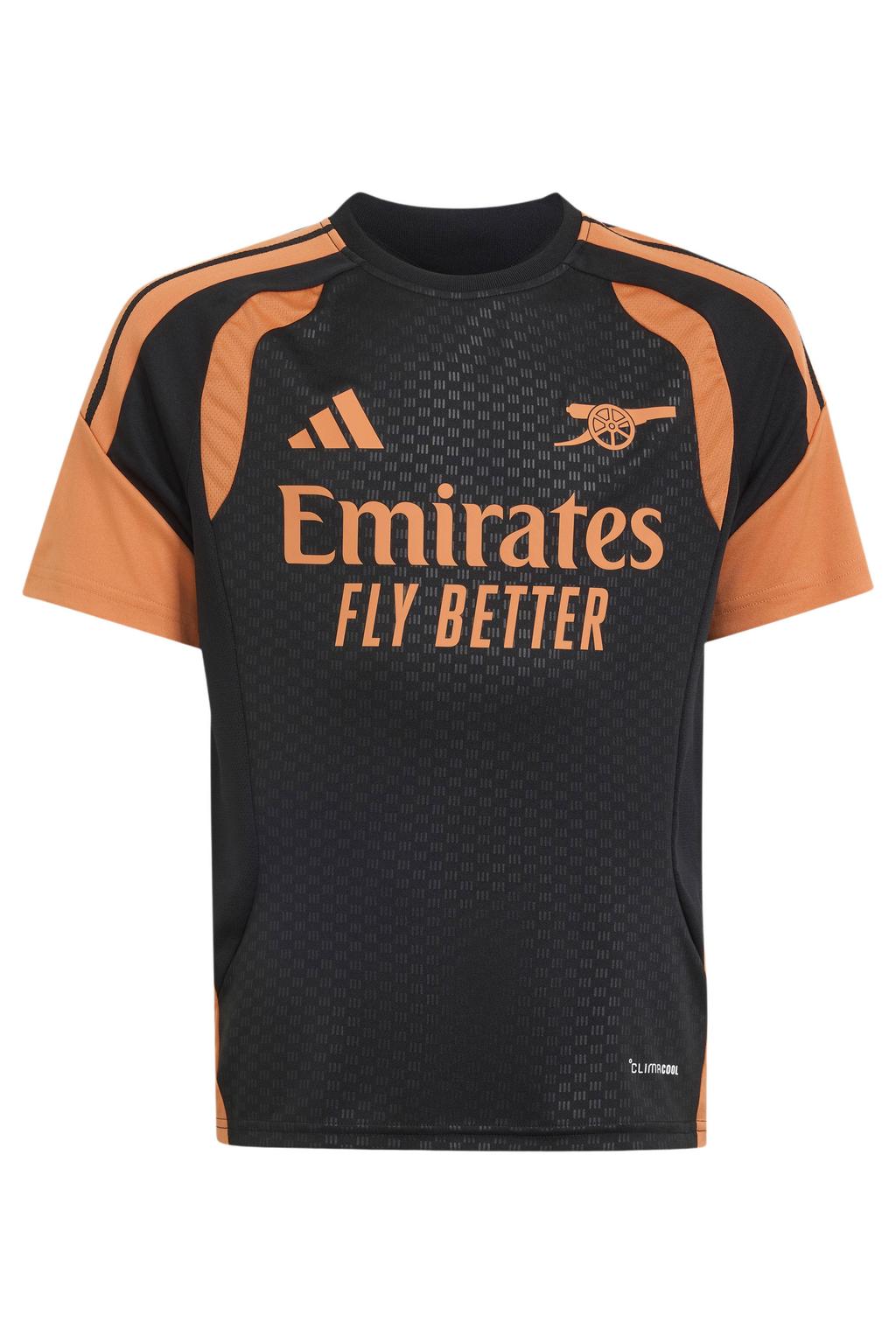 Zwart en oranje jongens en meisjes adidas Performance Junior Arsenal FC voetbalshirt Training van polyester met korte mouwen en V-hals