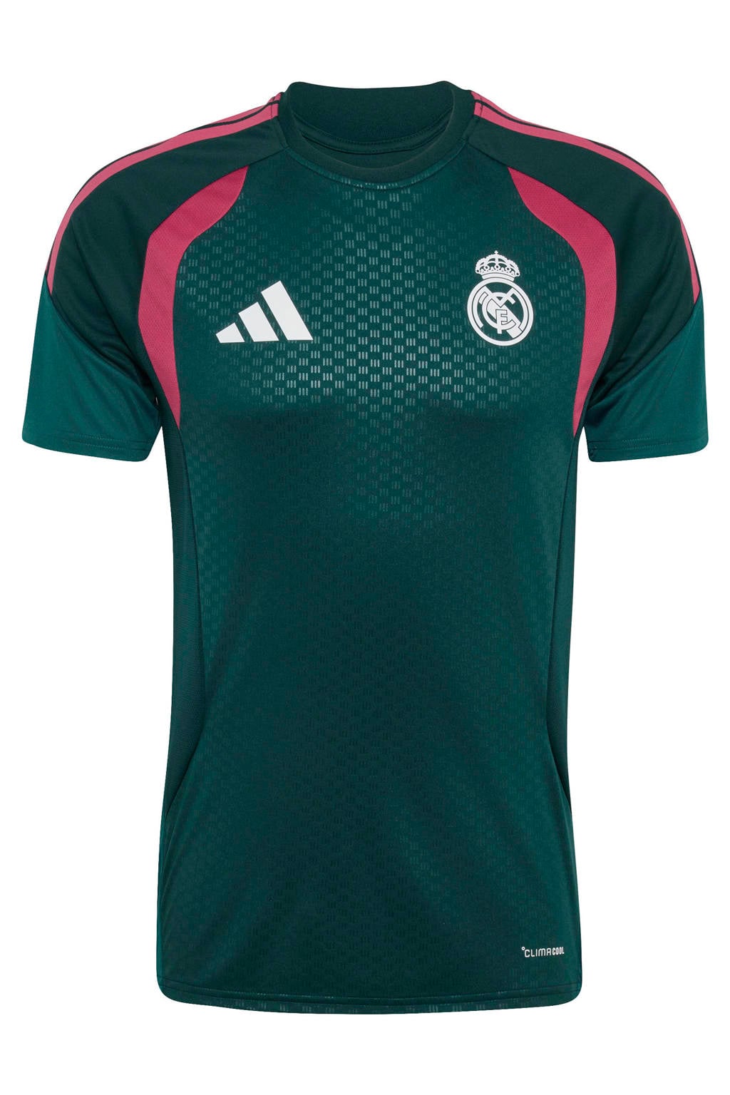 Donkergroen en roze heren adidas Performance Senior Real Madrid voetbalshirt Training van polyester met korte mouwen en ronde hals
