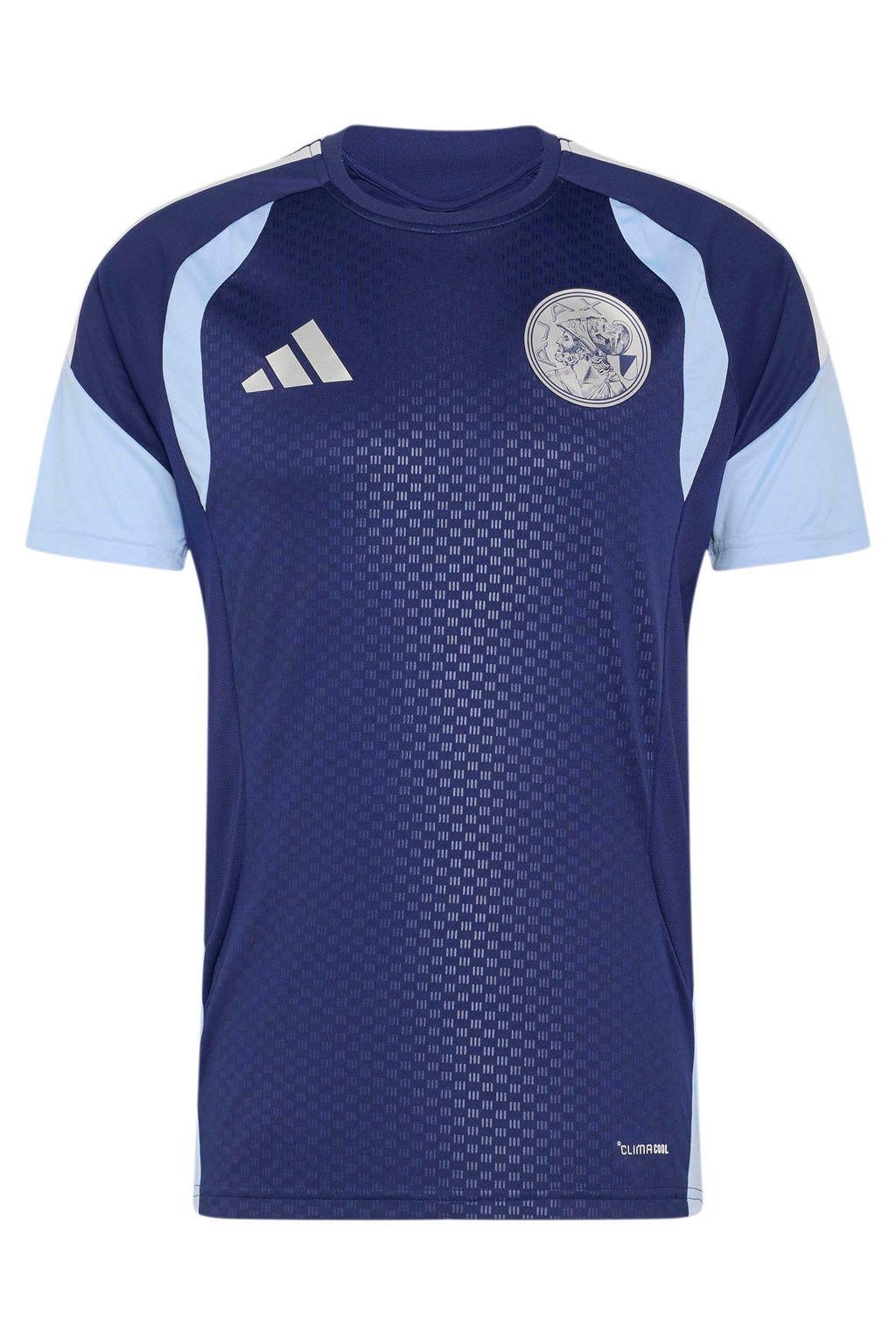 Blauw en lichtblauwe heren adidas Performance Senior Ajax Amsterdam voetbalshirt Training van polyester met logo dessin, korte mouwen en ronde hals