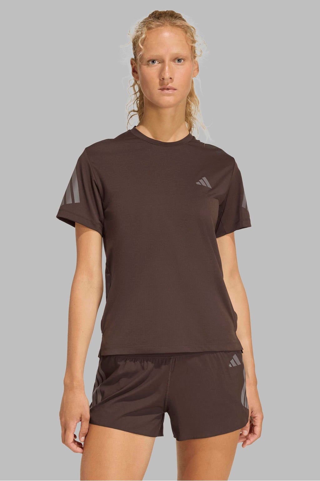 Bruine dames adidas Performance Adi365 hardloopshirt van polyester met korte mouwen en ronde hals