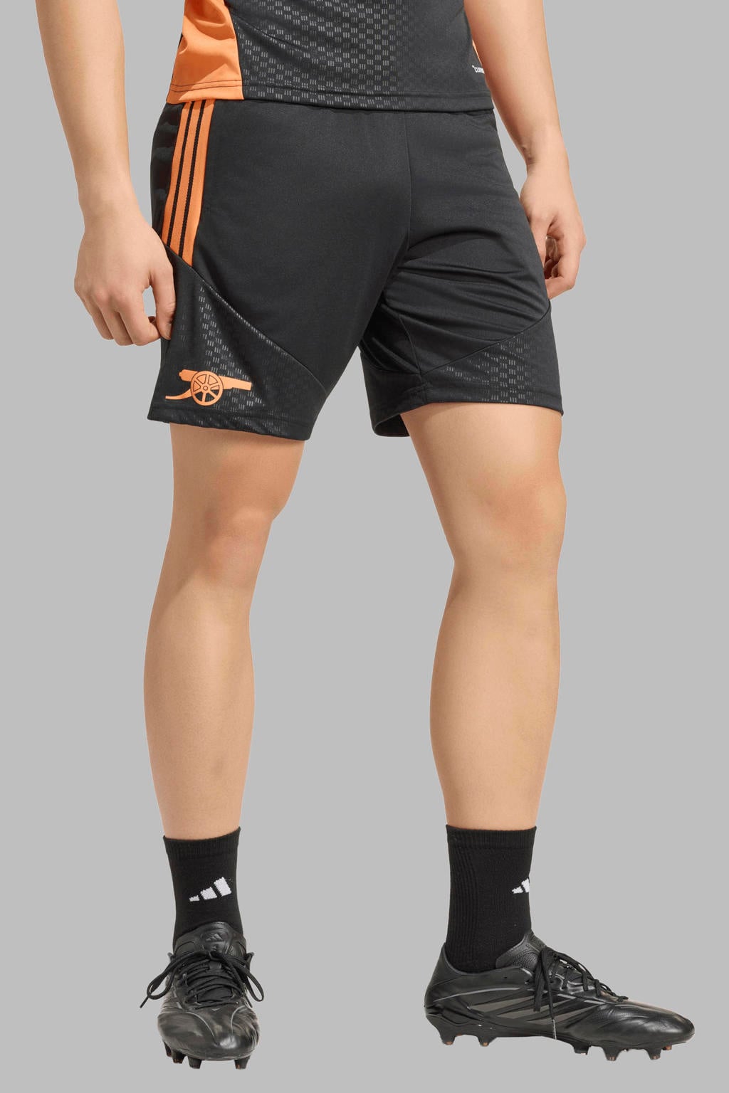 Zwart en oranje heren adidas Performance Senior Arsenal FC voetbalshort Training van polyester met regular fit, elastische tailleband met koord en logo dessin