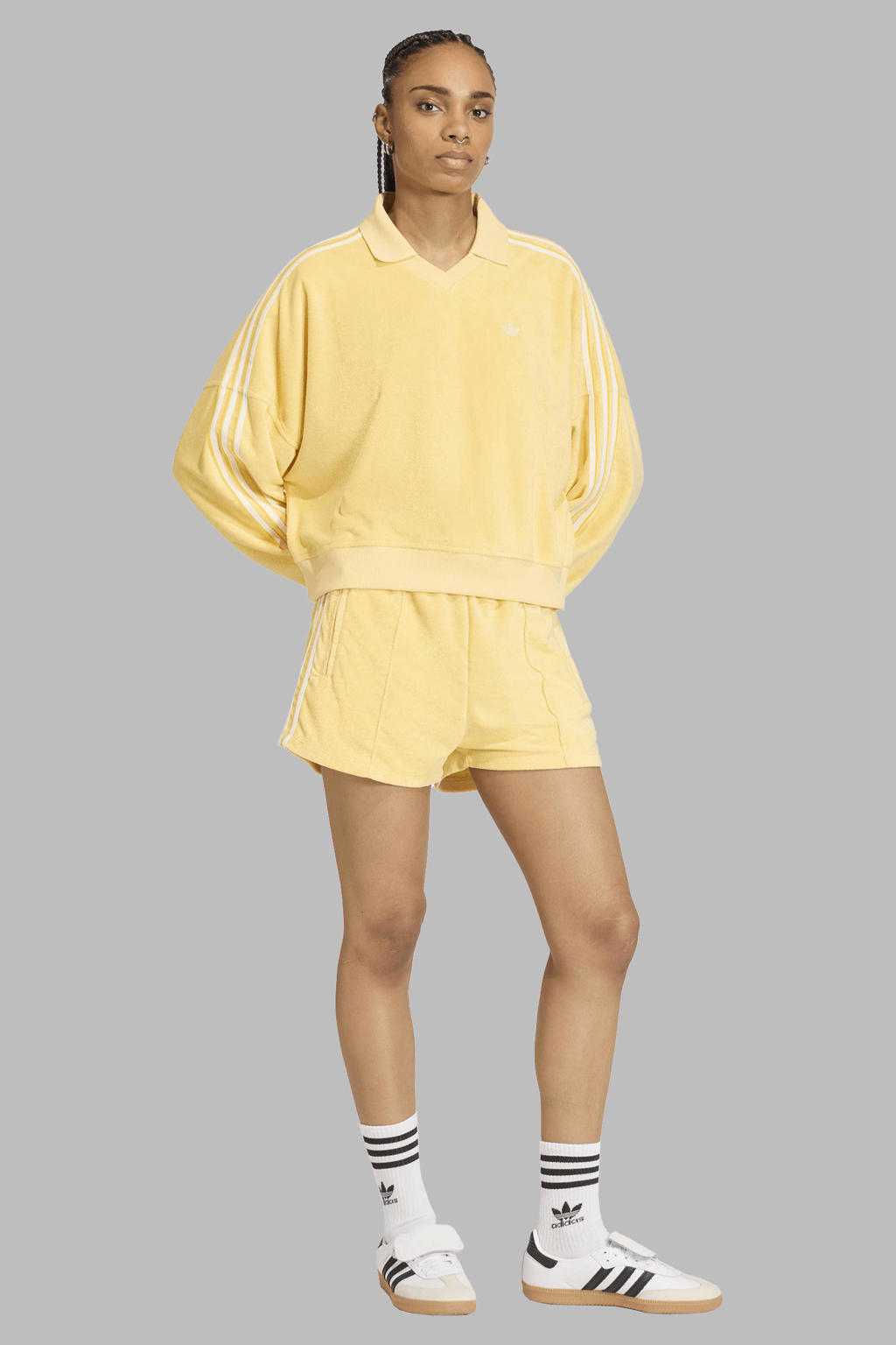 Geel en witte dames adidas Originals Terry Towel polo mouwen van katoen met lange mouwen en klassieke kraag