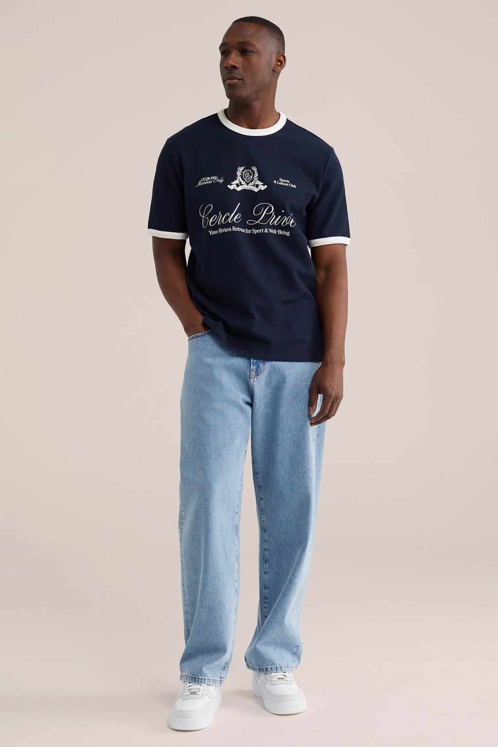 Donkerblauwe heren WE Fashion regular T-shirt van katoen met printopdruk, korte mouwen en ronde hals
