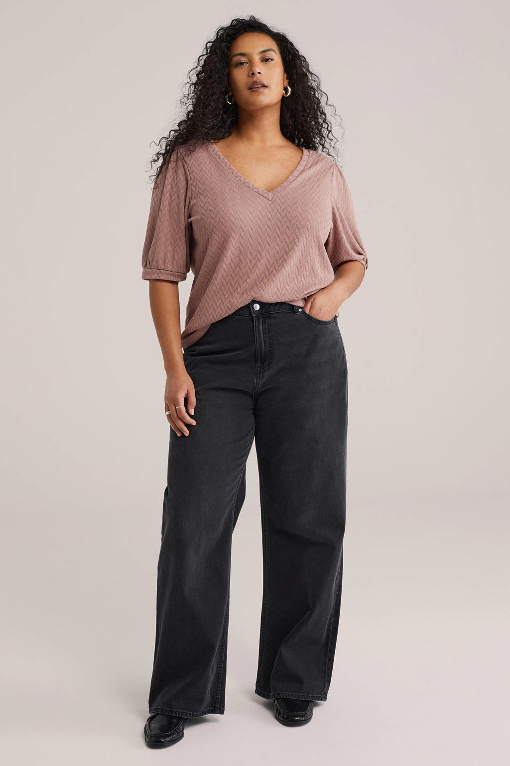 Oudroze dames WE Fashion Curve T-shirt van polyester met effen, korte mouwen en ronde hals