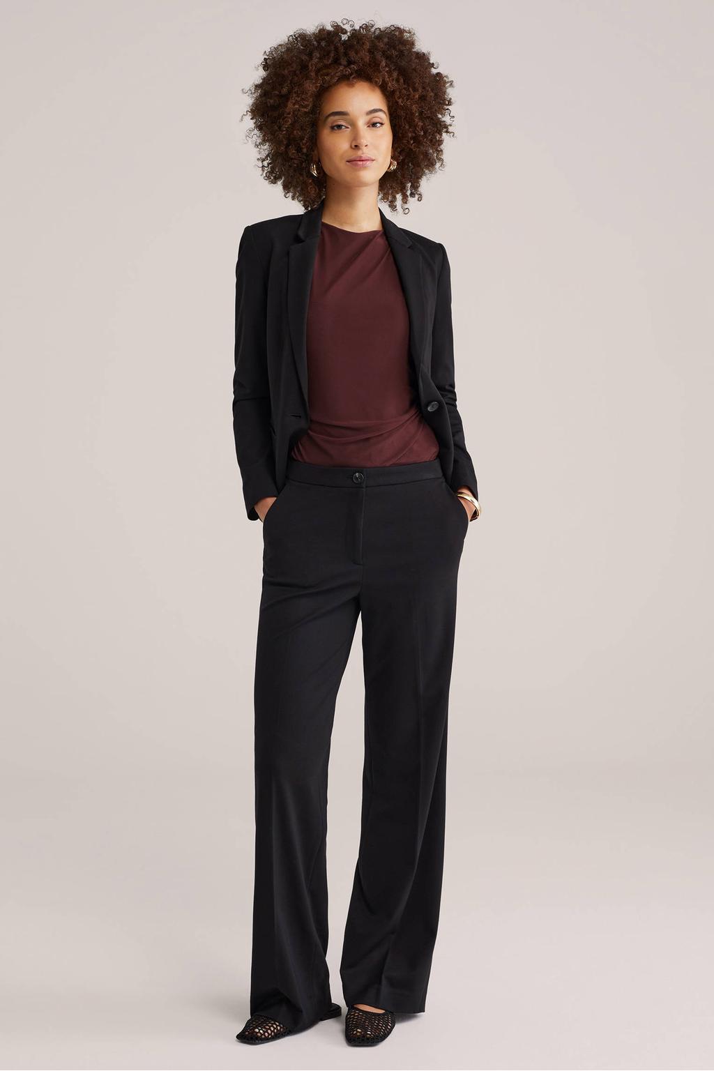 Donkerrode dames WE Fashion top van polyester met effen, ronde hals en plooien