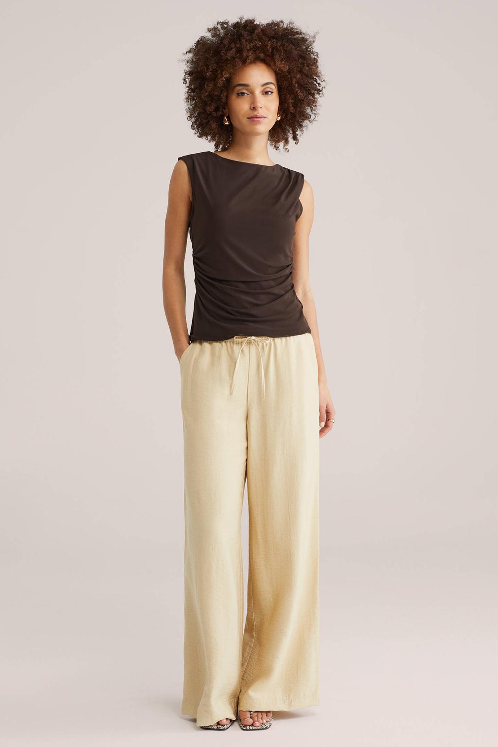 Donkerblauwe dames WE Fashion top van polyester met effen, ronde hals en plooien