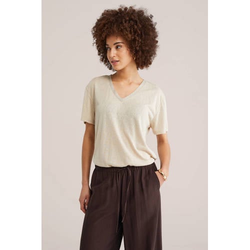 WE Fashion T-shirt zand met glitter afbeelding
