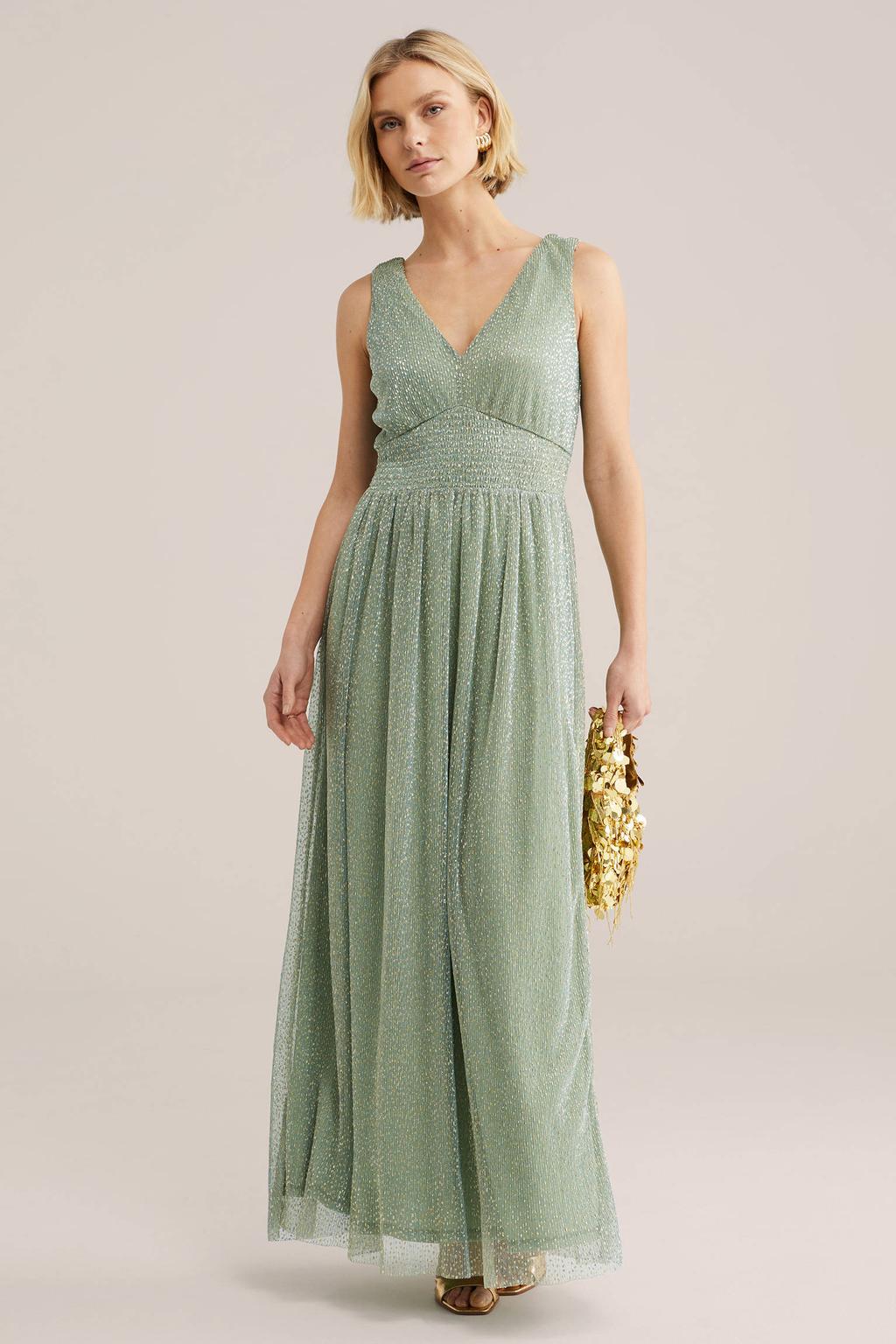 Lichtgroene dames WE Fashion midi jurk van polyester met effen, V-hals en glitters