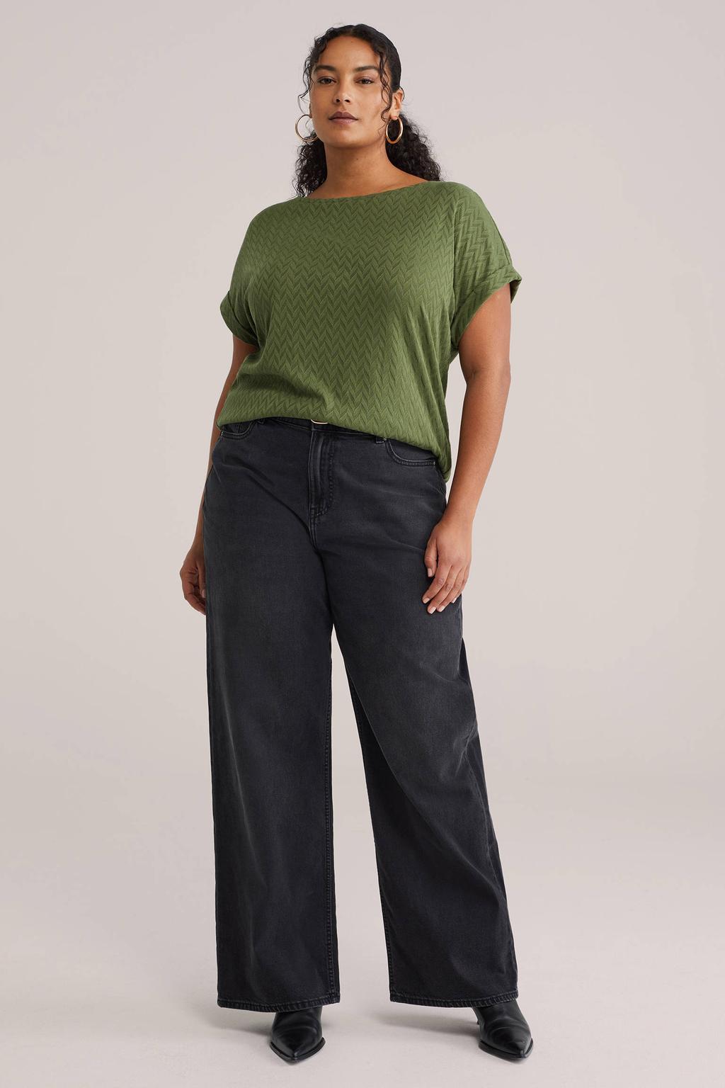 dames WE Fashion Curve T-shirt van katoen met effen, korte mouwen en boothals