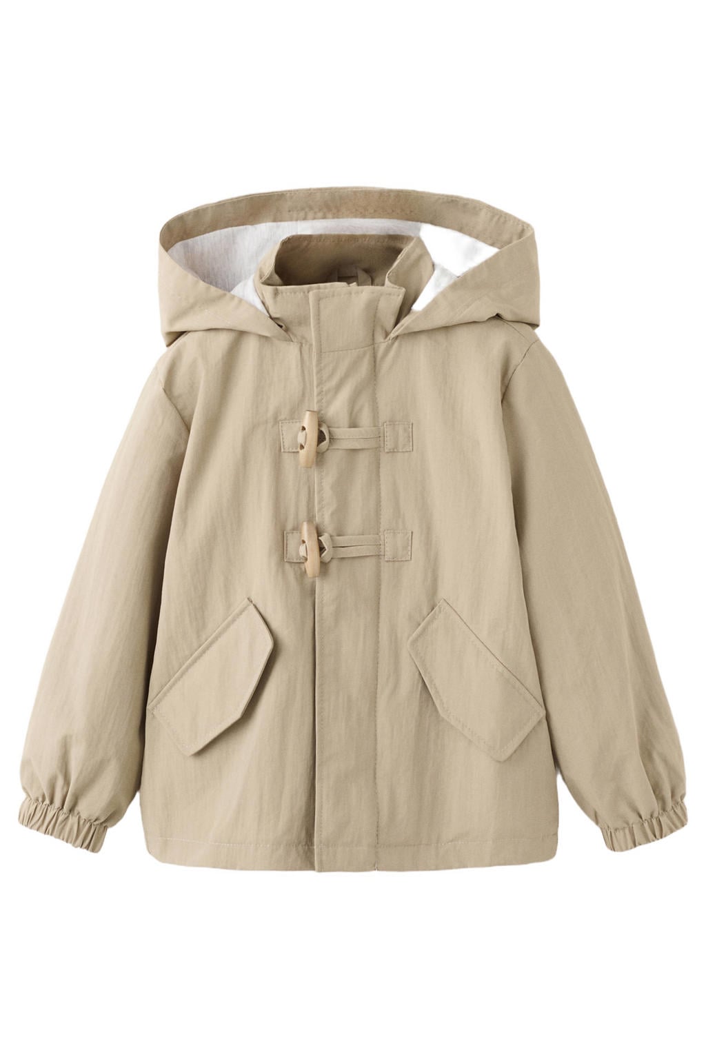 Lichtbruine jongens Mango Kids tussenjas van polyamide met effen, lange mouwen, capuchon en rits- en drukknoopsluiting
